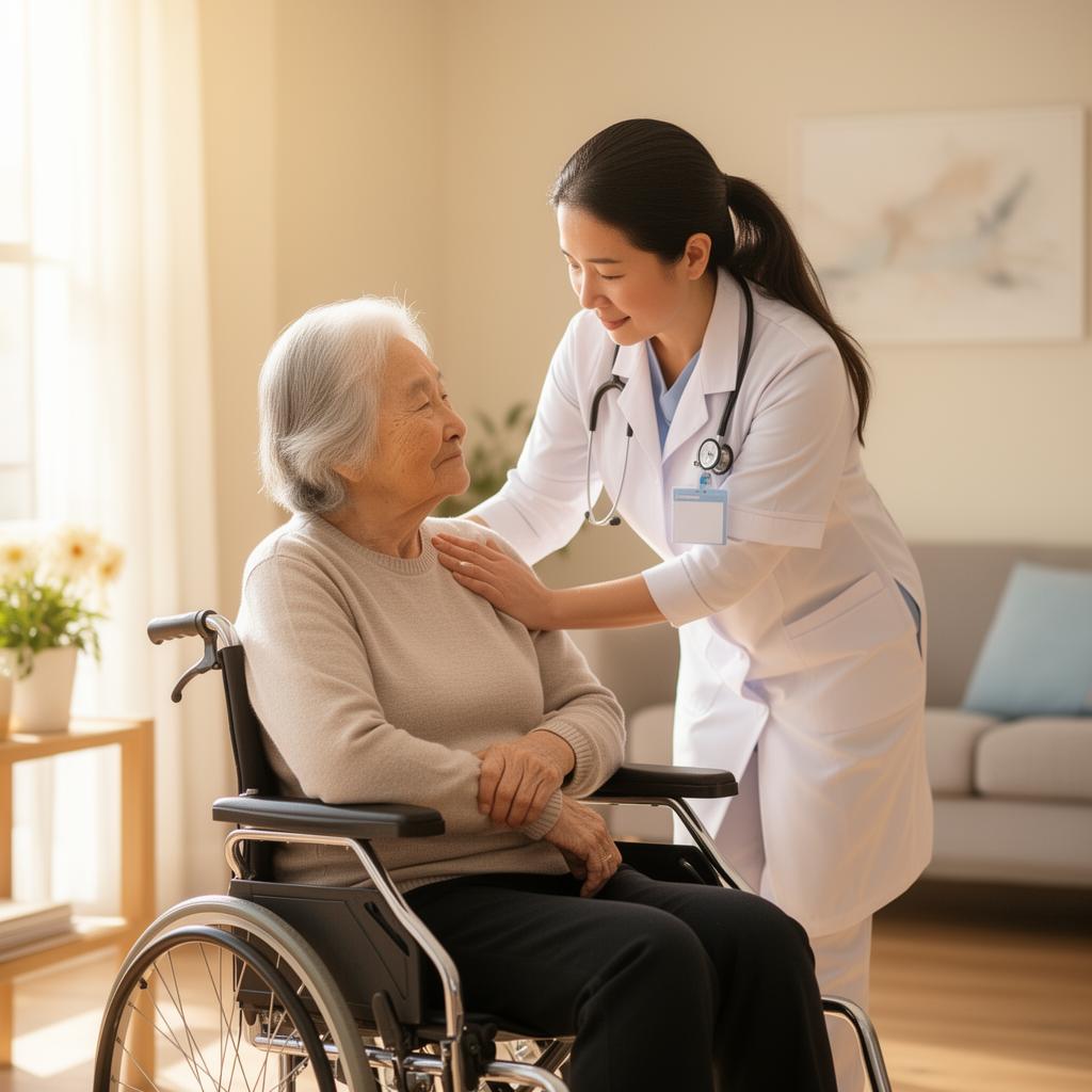 Nurse caring for elderly patient in wheelchair