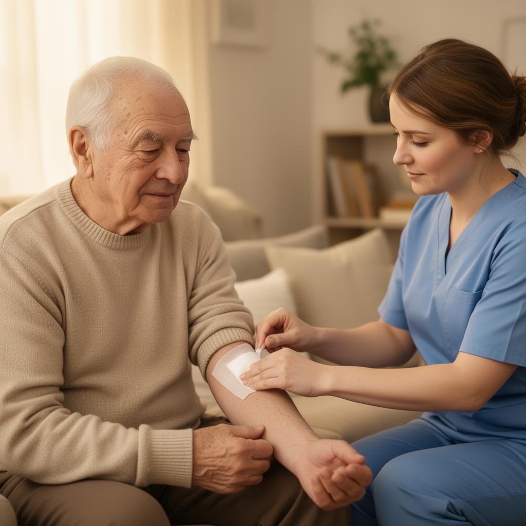 Caregiver helping elderly patient with wound care