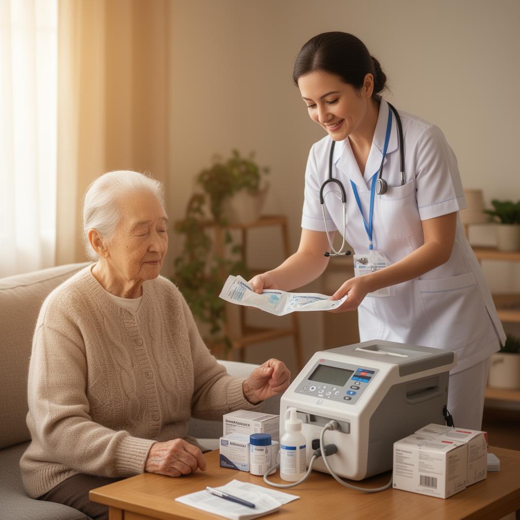 Healthcare worker assisting senior with medical supplies