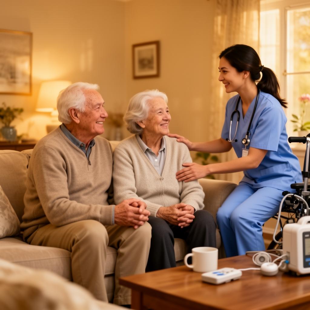Happy elderly couple with caring healthcare worker